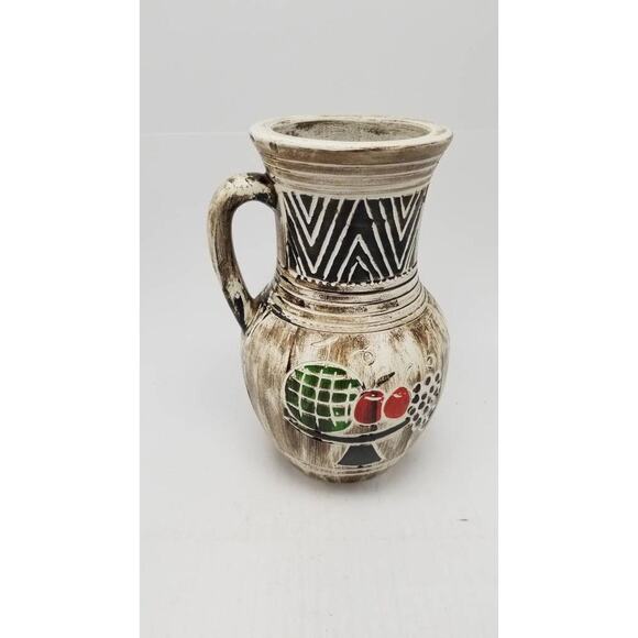 Vintage Pottery Vase, Pitcher Style Handle, Hand Painted Fruit, Japan - Picture 1 of 6